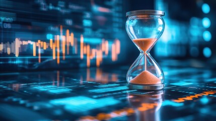 Hourglass on Digital Background Representing Time Management, Data Analysis, and Productivity in Modern Business Environment with Financial Charts