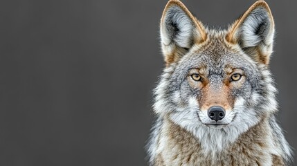 A coyote gazes directly at the viewer, displaying its sharp features and alert expression. The neutral background highlights the animal's striking fur and keen eyes