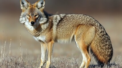 Obraz premium A coyote displays its striking coat and sharp features while standing in a grassy area under a clear sky. The animal appears alert, embodying its wild nature