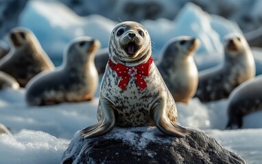 Fototapeta premium Seal Singing Christmas Carols A seal wearing a holiday bow and sitting on an icy rock, singing Christmas carols with other seals in the background 