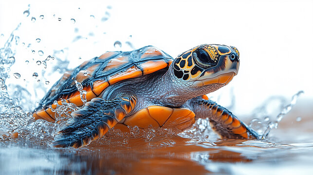 A small, orange and black turtle is splashing in water.