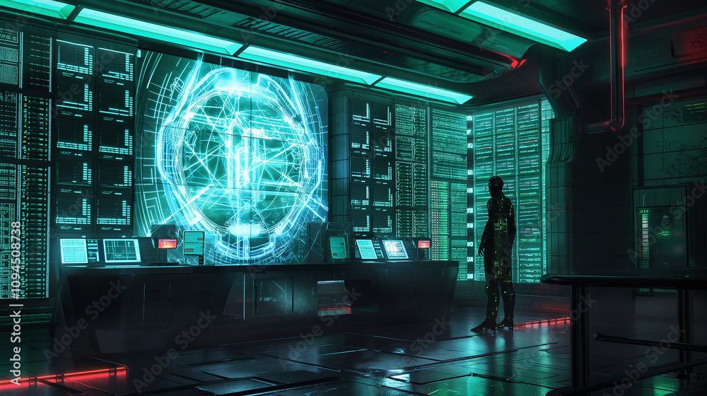 Poster a futuristic control room showcasing ai managing a secure data center, holograms of connected server