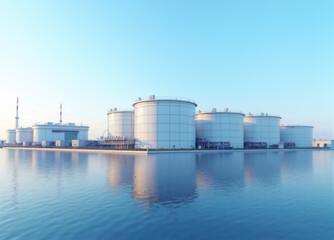 Industrial tanks for oil and gas refining are reflecting in water at a modern refinery