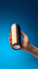 Woman hand holding golden aluminum beverage can for soda, beer, energy drinks, against vibrant blue background. Mockup. Bold, modern aesthetic for premium product designs, branding