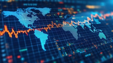 A visual representation of global financial markets shows a world map highlighted with fluctuating data trends. Colorful graphs and data points reflect dynamic market activities and trends