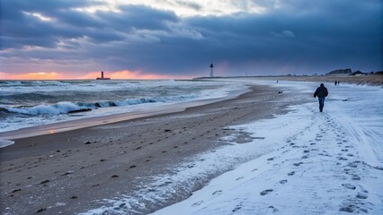 A windswept beach during winter, where strong gusts blow sand and sea foam across the shoreline