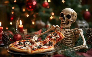 skeleton eat pizza christmas background 