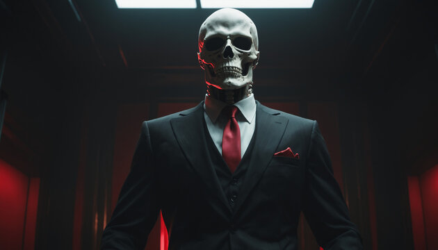 skeleton wearing a Hitman suit with red tie posing in the camera, movie like vibes with cinematic lighting