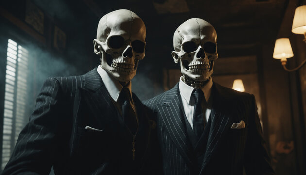 skeleton wearing a mafia suit posing in the camera, movie like vibes with cinematic lighting