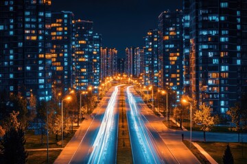 Fototapeta premium Vibrant eco-district illuminated by smart, energy-efficient infrastructure harmonious urban development