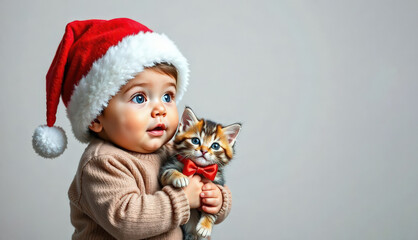 Fototapeta premium banner, cute baby in christmas pajamas holding kitten in christmas hat and bow, space for text on the right