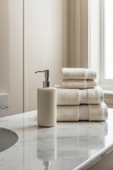 Elegant bathroom decor with lotion dispenser and soft towels in a calm setting.