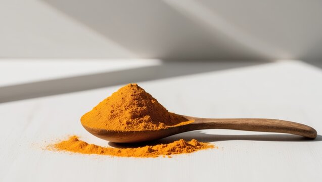 Golden yellow turmeric powder in a wooden spoon.