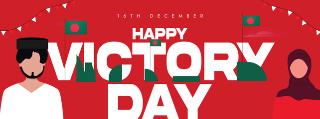 Happy Victory Day Bangladesh cover banner. 16th December Bangladesh victory day celebration banner, post with its flags, people in traditional dress. `The day recalls country's Independence in 1971.