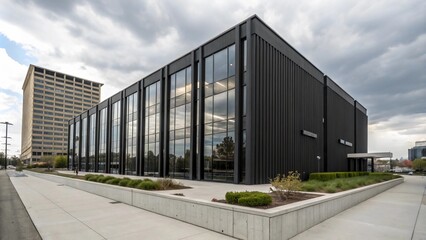 Obraz premium A minimalist office tower with a dark, matte-black exterior and expansive glass windows