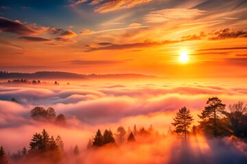 Obraz premium Breathtaking Sunset with the Sun Peeking Through a Foggy Sky, Capturing the Ethereal Beauty of Nature in a Serene Atmosphere Perfect for Wall Art or Backgrounds