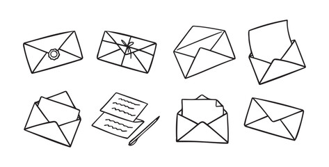 Doodle cute mail outline letters and envelope set. Hand drawn outline mail icon. Mail collection