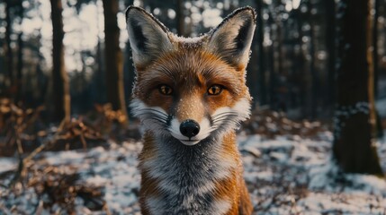 Fototapeta premium A wild fox in a snowy forest, peering curiously into the camera lens, captured in natural lighting.