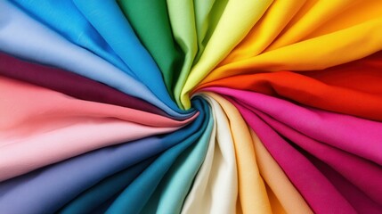 A captivating arrangement of colorful fabrics is expertly spiraled to highlight a wide range of hues. Each fabric showcases unique texture and shade, creating an inviting visual appeal