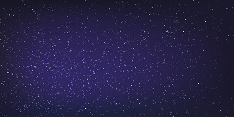 Stary night sky horizontal background. Night sky with stars. Bright particles falling with star. Glittering particles on dark blue background. Light with flares