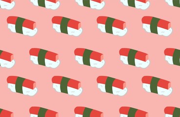 pink background with crab nigiri sushi seamless pattern.
