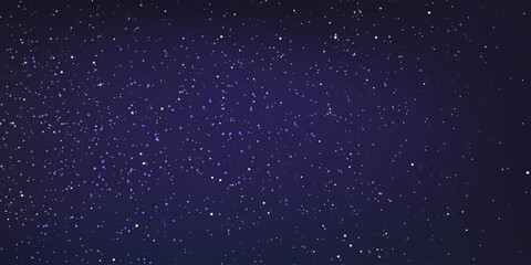 Stary night sky horizontal background. Night sky with stars. Bright particles falling with star. Glittering particles on dark blue background. Light with flares