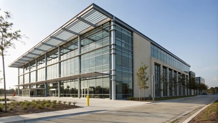 Fototapeta premium A modern office building with a steel frame and expansive glass panels that cover the majority of the facade