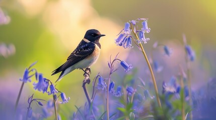 Graceful Swallow Perched on Branch Surrounded by Bluebells