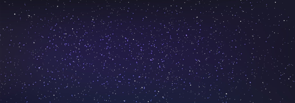 Stary night sky horizontal background. Night sky with stars. Bright particles falling with star. Glittering particles on dark blue background. Light with flares