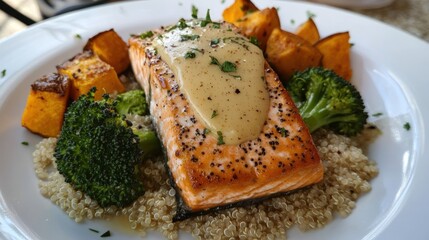 Pan-Seared Salmon with Quinoa, Roasted Butternut Squash, and Broccoli