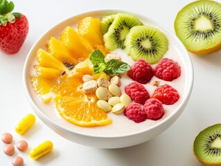 Healthy Smoothie Bowl with Fruits and Supplements
