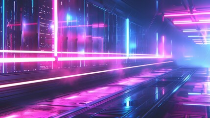 Futuristic neon data center  a high tech server room with glowing pink and purple accents