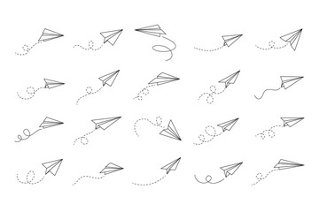 Hand drawn doodle paper plane set. isolated planes flight path. Line airplane icon travel, route. 