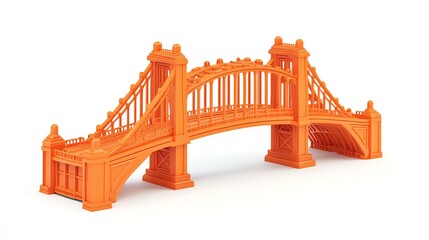 Orange 3D model of a suspension bridge with ornate details and white background.