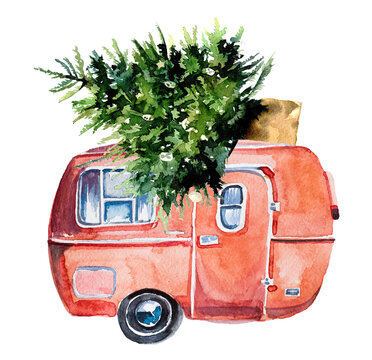 recommend clip art: Vintage camping van and landscape  clipart isolated on a white background. Watercolor hand painted tourist concept illustration. Happy camper design. Camping  and mountains branding.