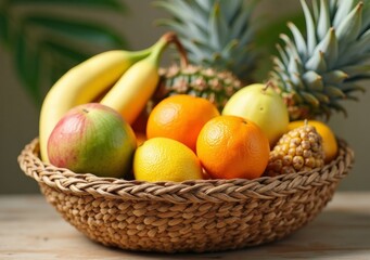 Colorful fruit basket with tropical and seasonal fruits arranged in a woven basket