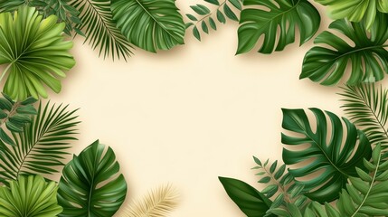 A collection of various green tropical leaves surrounds a neutral background, perfect for nature-themed designs or event promotions. The arrangement offers a fresh and lively aesthetic