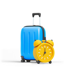 Vibrant 3D illustration of cute cartoon blue rolling suitcase with yellow alarm clock isolated on white background. Concept of travel, time management, vacation planning. 3D vector illustration.