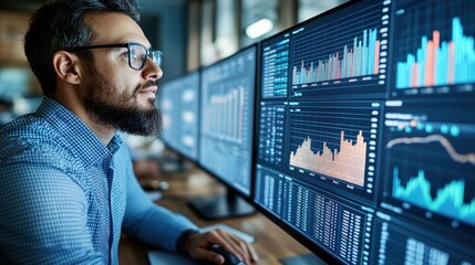 A diligent analyst concentrates on analyzing various data charts displayed across multiple monitors. The busy office atmosphere enhances the urgency of the task at hand