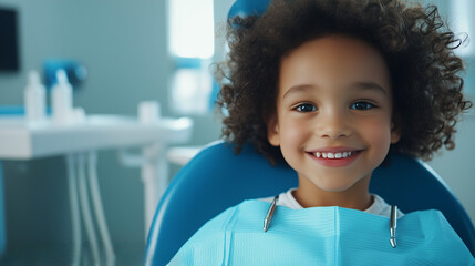 A cheerful child sitting in a blue dental chair, smiling confidently during a dental check-up. Bright and friendly clinic setting, perfect for promoting children's oral health care and dentistry.