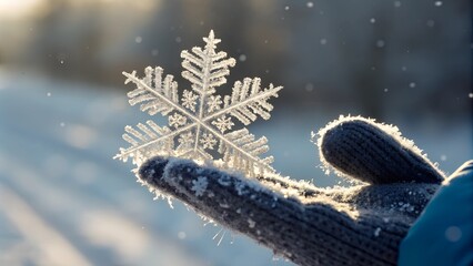 Naklejka premium A delicate snowflake resting on a gloved hand, illuminated by soft sunlight in a snowy outdoor setting. A magical winter moment perfect for seasonal and nature themes.