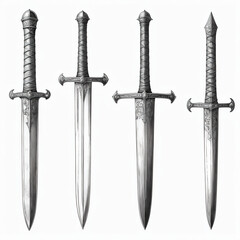 A simple pencil drawing of a set of medieval metal swords, in black and white.