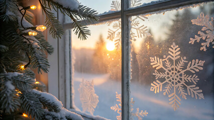 Frosty snowflake decals on a windowpane with a snowy landscape and warm sunlight in the background. A serene winter moment perfect for holiday and seasonal themes.