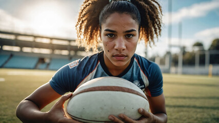 Portrait of woman rugby player running with ball on grass rugby field. Rugby sport on stadium with female team