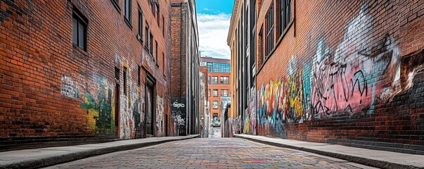 Fototapeta premium A narrow alleyway with brick walls and colorful graffiti under a blue sky.