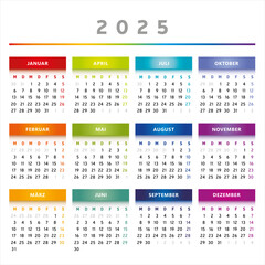 Calendrier 2025 en Allemand - Couleurs Arc-en-Ciel Format 4 Trimestres