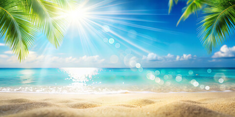Obraz premium Soft sand meets crystal clear turquoise water under a bright sun. Lush palm leaves frame the view, creating a serene and inviting tropical atmosphere