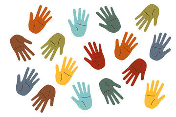 Set of human palms of different colors. Concept of racial diversity. Concept of multiracial friendship, inclusivity, equality. Colorful handprints.
