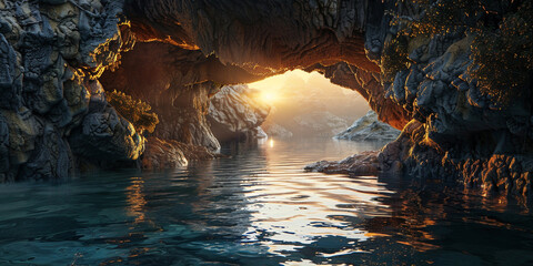 Sunset view through a sea cave with reflective water.

