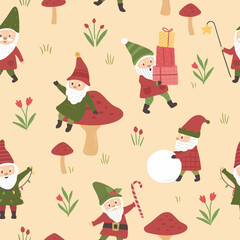 Fototapeta premium Winter Christmas north pole seamless pattern of elves vector illustrations